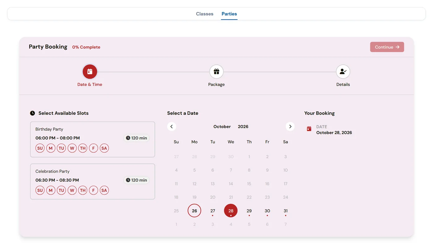Parties tab in the Activity Finder with party time slots, a date picker and the booking steps Date and Time, Package and Details