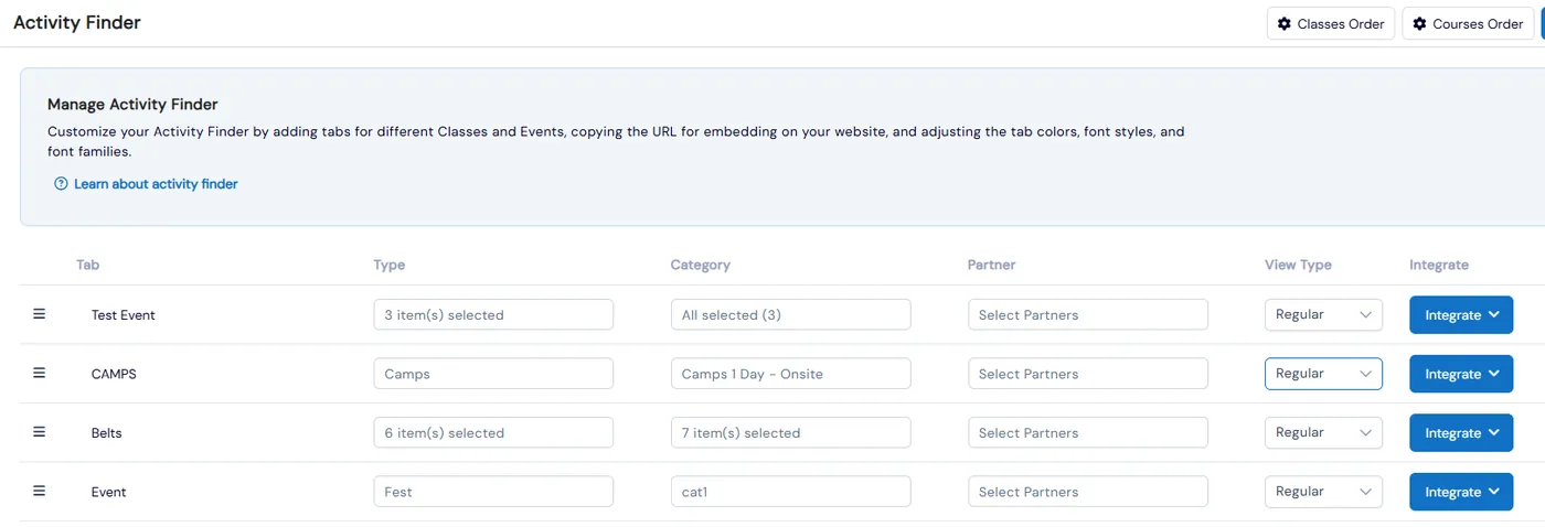 Activity Finder tab list where each tab has its own type, category, partner, view type and Integrate button