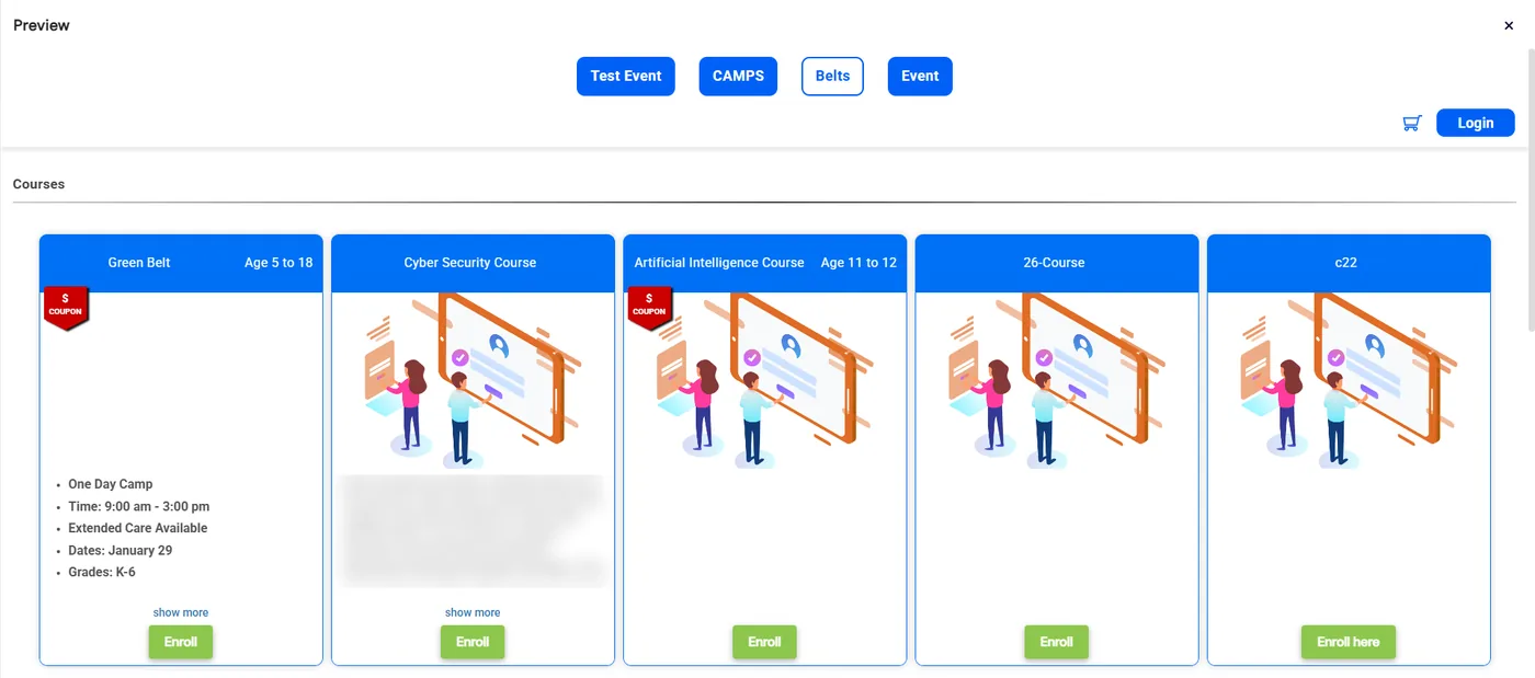 Activity Finder widget preview with tabs for events, camps and belts, class cards with age ranges, coupon badges, Enroll buttons, a cart and a Login button