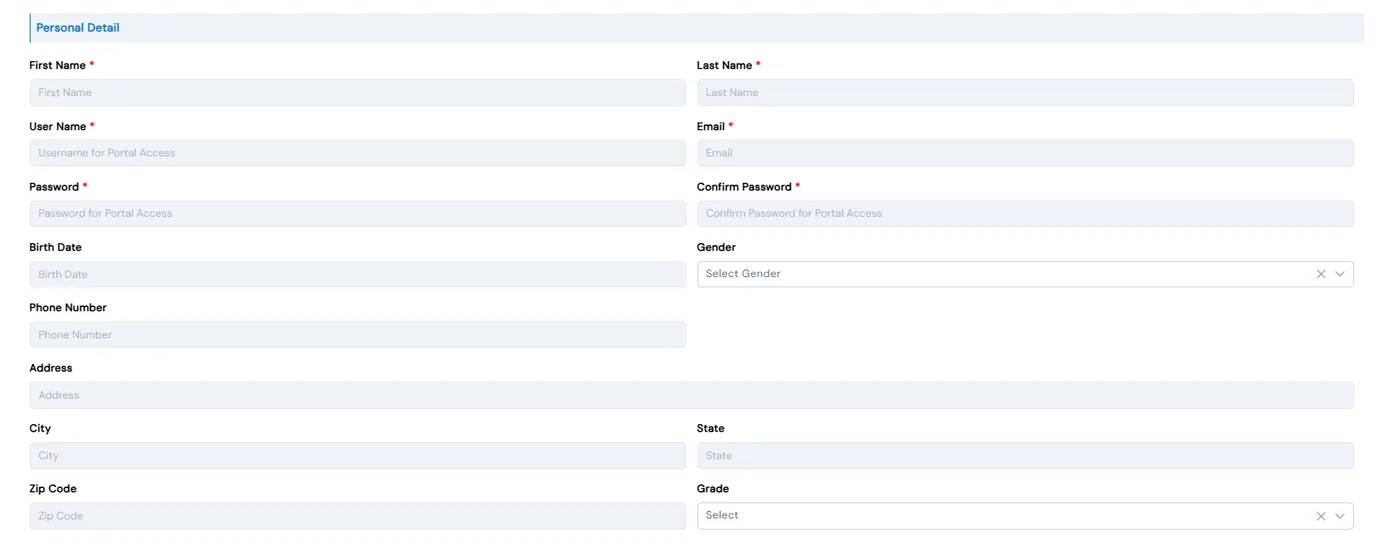 Enrollment form preview showing the personal detail fields a family fills in