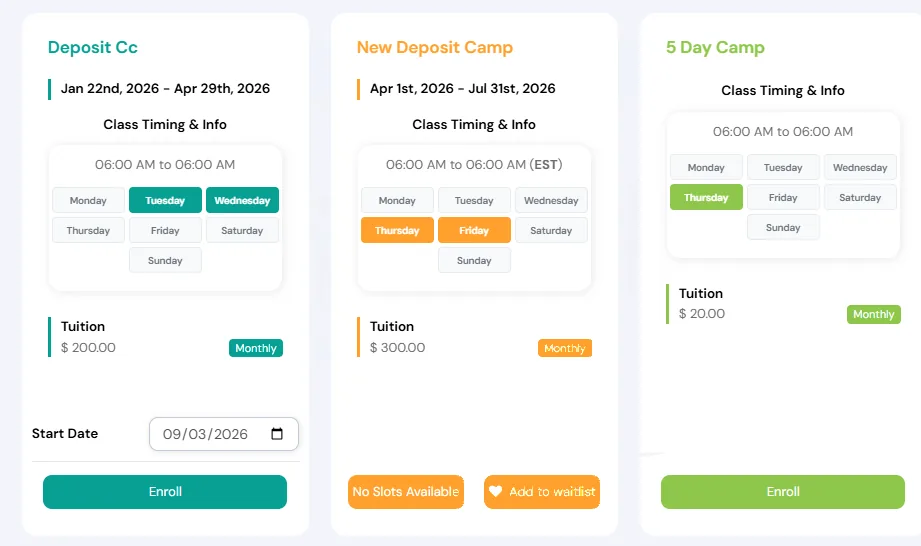 Class cards on a registration page where a full camp shows No Slots Available and an Add to waitlist button