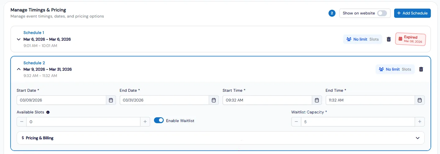 Event schedule settings with dates, times, available slots, the Enable Waitlist toggle and a waitlist capacity of 5