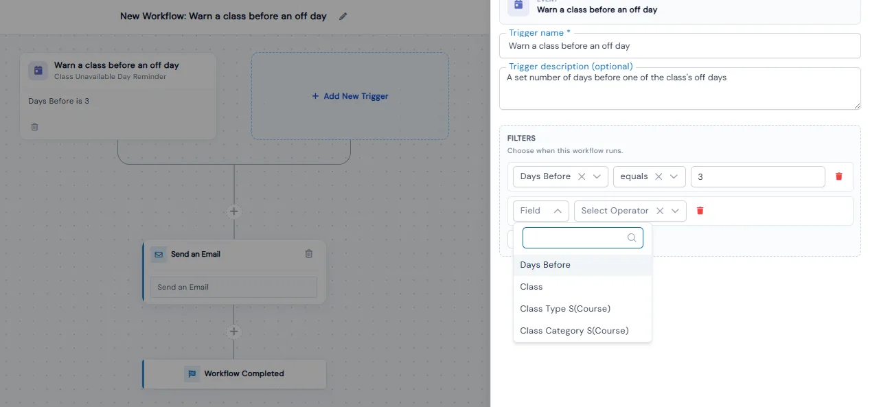 Workflow that warns a class before an off day, with the trigger filter set to send 3 days before
