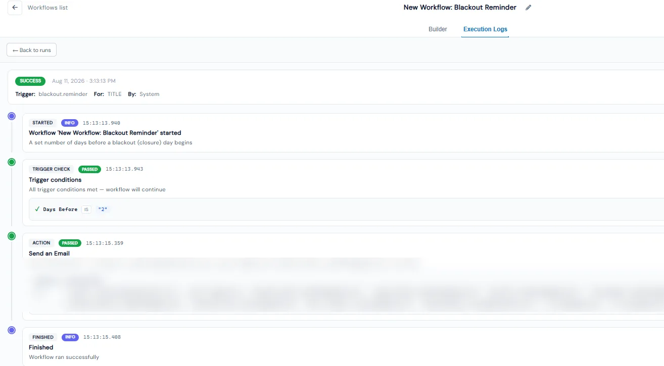 Execution log timeline for a workflow run showing started, trigger check passed, email sent and finished steps