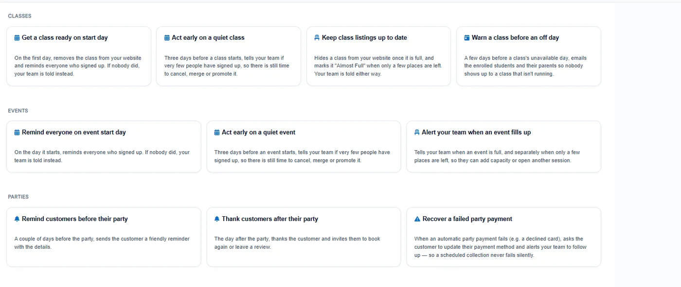 Ready-made automation templates for classes, events and parties, each described in plain English