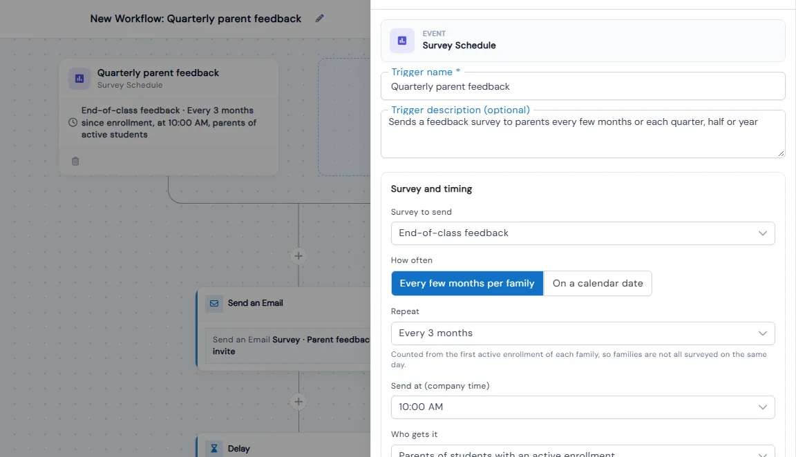 Survey Schedule trigger set to send an end-of-class feedback survey every 3 months at 10:00 AM