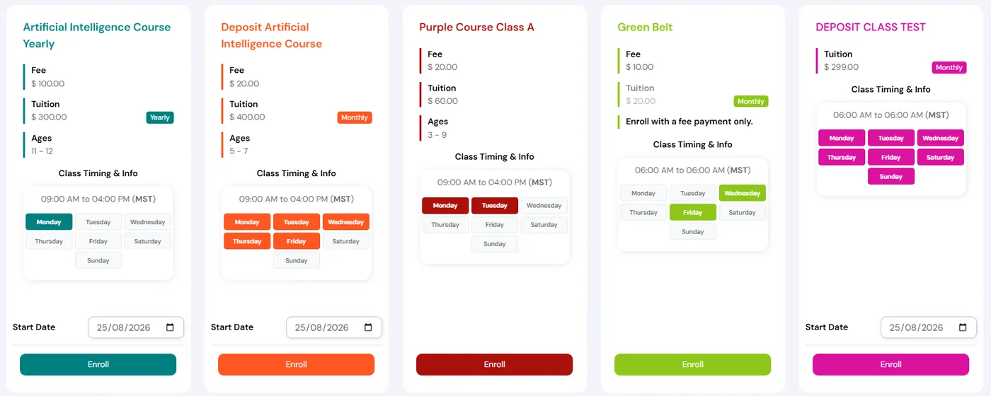 Class cards showing the fee and tuition separately, with a note on one class that families enroll with a fee payment only