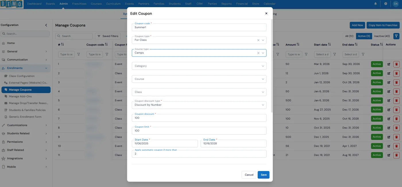 Edit Coupon form for a camps coupon with discount by number, coupon limit, start and end dates, and Apply automatic coupon if more than set to 2