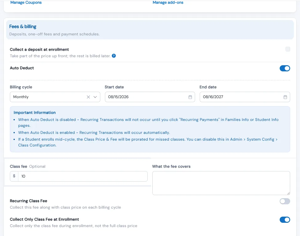 Fees and billing settings for a class with Collect a deposit at enrollment, auto deduct, billing cycle and dates, class fee and Collect Only Class Fee at Enrollment