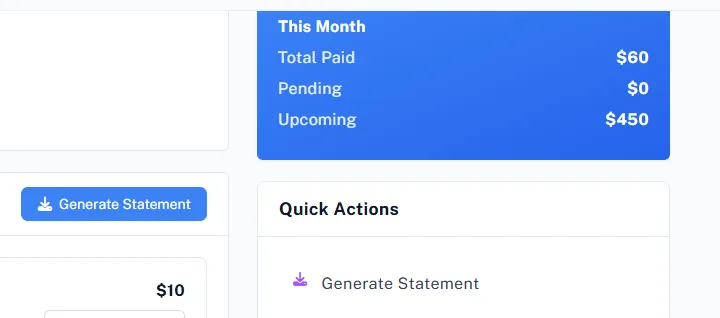 Parent portal payments page with this month’s paid, pending and upcoming totals and Generate Statement buttons