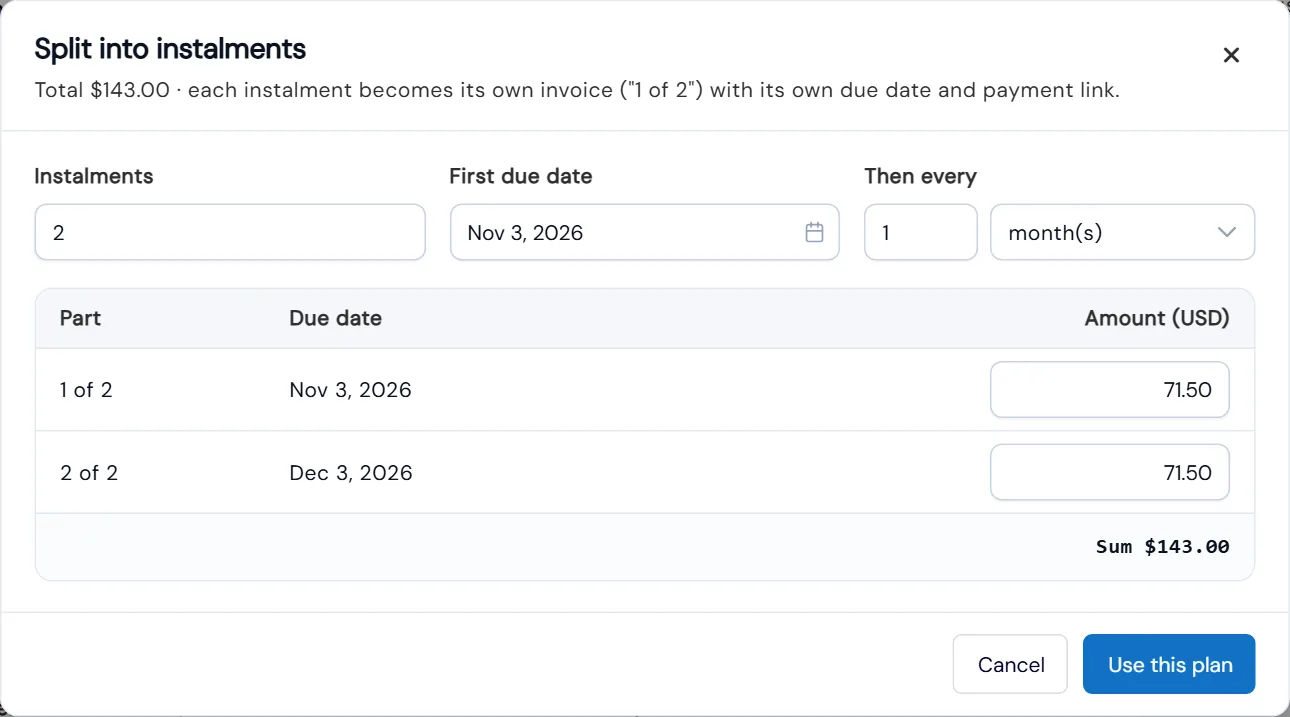 Split into instalments window with the number of instalments, first due date, repeat interval and an editable amount for each part