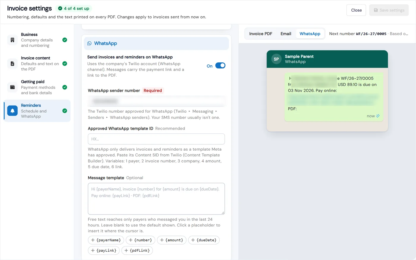 Invoice settings for sending invoices and reminders on WhatsApp, with sender number, approved template ID, message placeholders and a WhatsApp preview