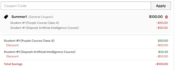 Payment summary where a $100 general coupon is split as $50 off each of two classes, shown under Total Savings
