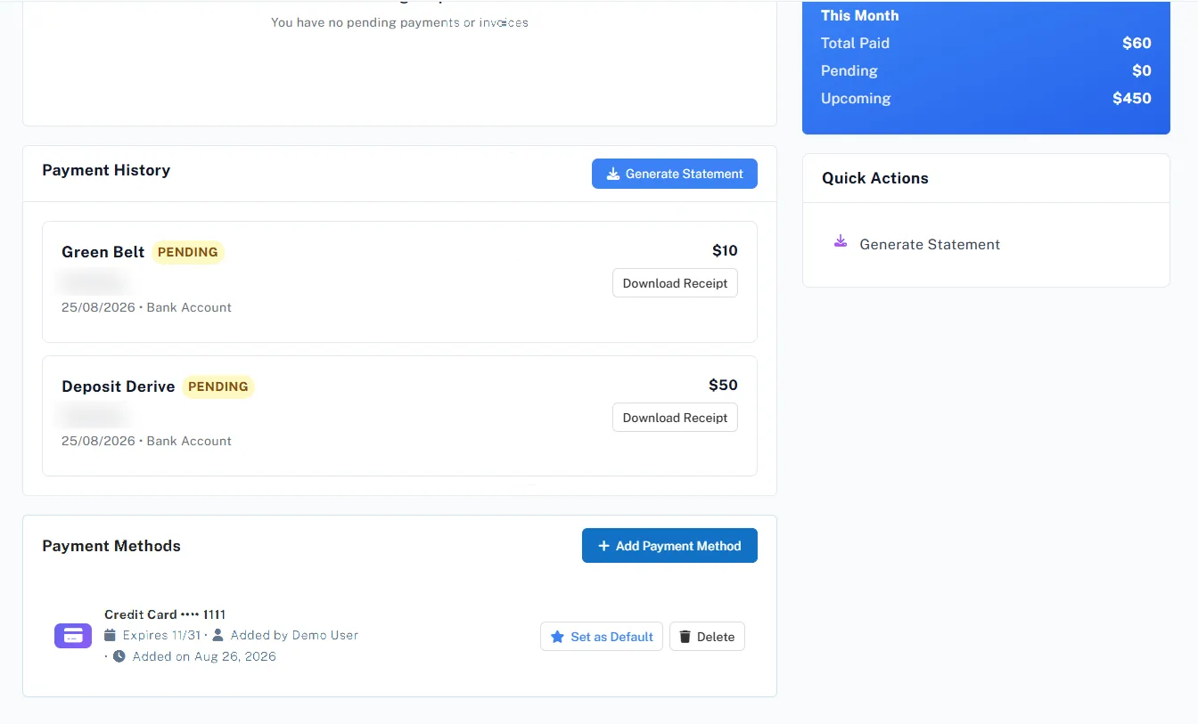 Parent portal Payments page with this month’s paid, pending and upcoming totals, payment history with receipts, and a saved credit card with Set as Default and Delete