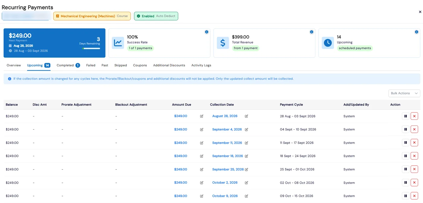 Recurring payments view with auto deduct enabled, next payment, success rate, total revenue and editable upcoming cycles