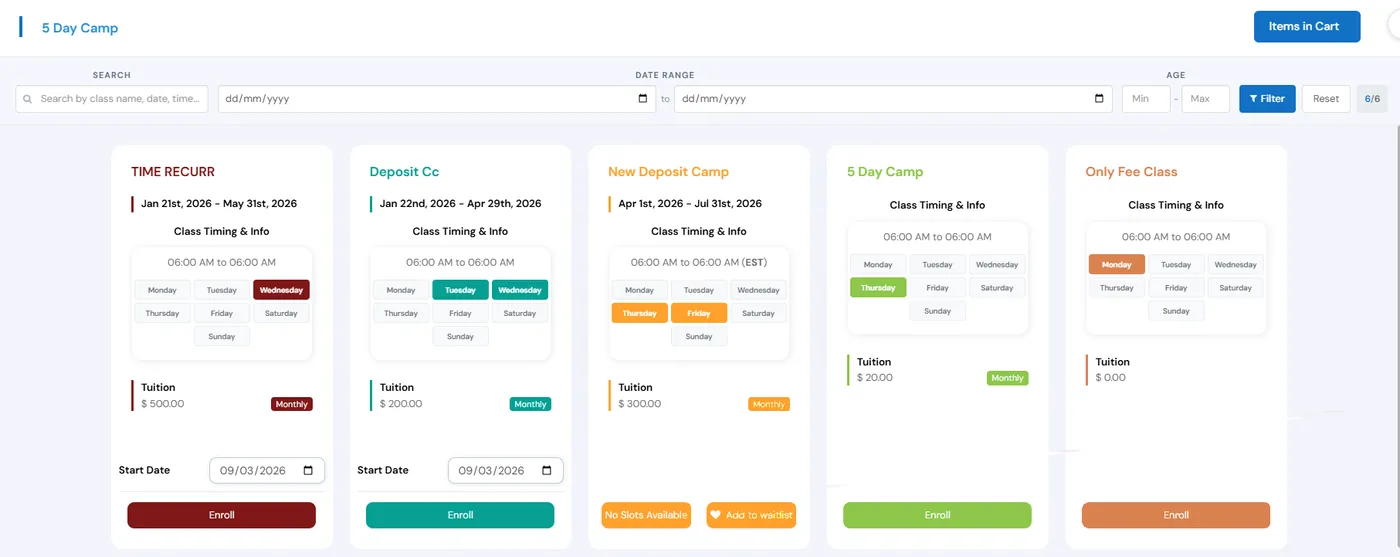 Camp registration page with search, date range and age filters, camp cards showing dates, days, tuition and Enroll buttons, and an Items in Cart button