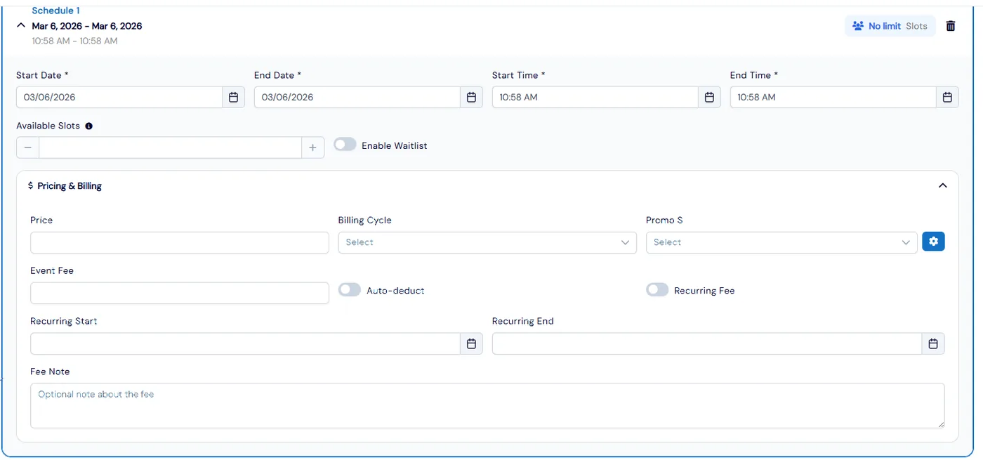 Event schedule with start and end dates, times, available slots and waitlist toggle above Pricing and Billing with price, billing cycle, event fee and recurring dates