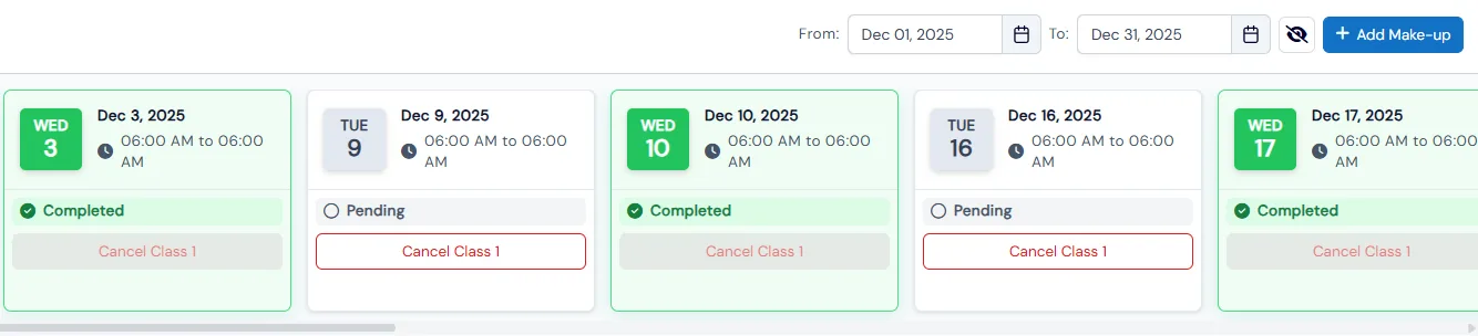 Class date slots marked Pending or Completed, each with a Cancel Class button, next to the Add Make-up button