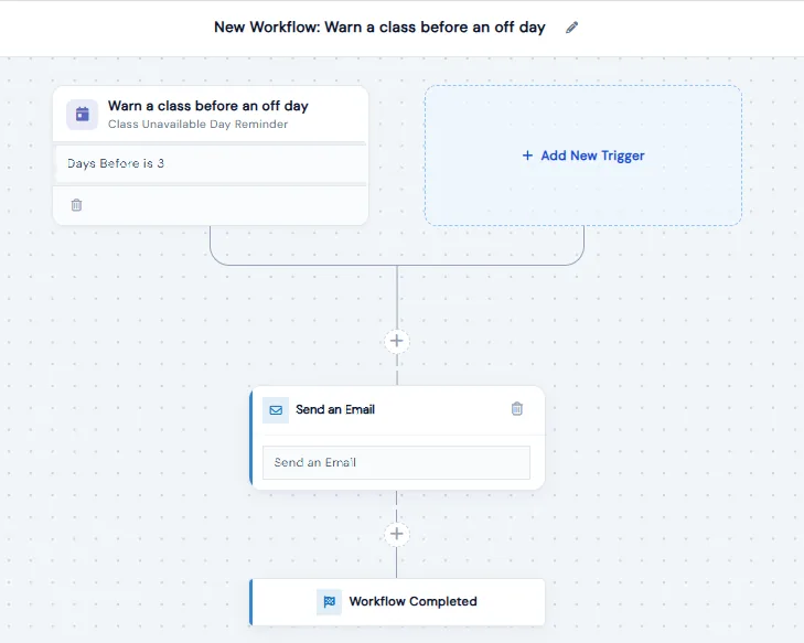 Automation canvas for Warn a class before an off day, with a Days Before is 3 trigger and a Send an Email step