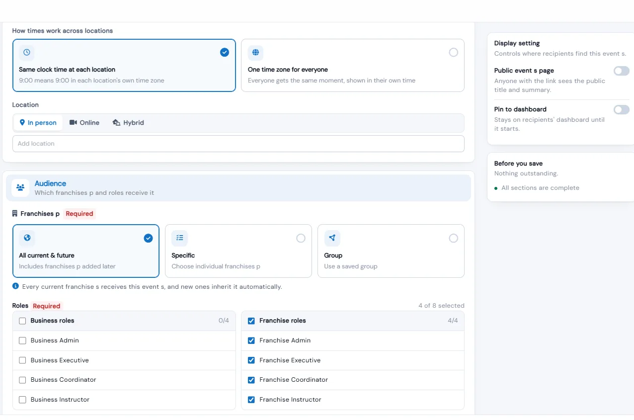 Event Hub editor with time-zone options, location, display settings and an audience of all current and future franchises with franchise roles selected