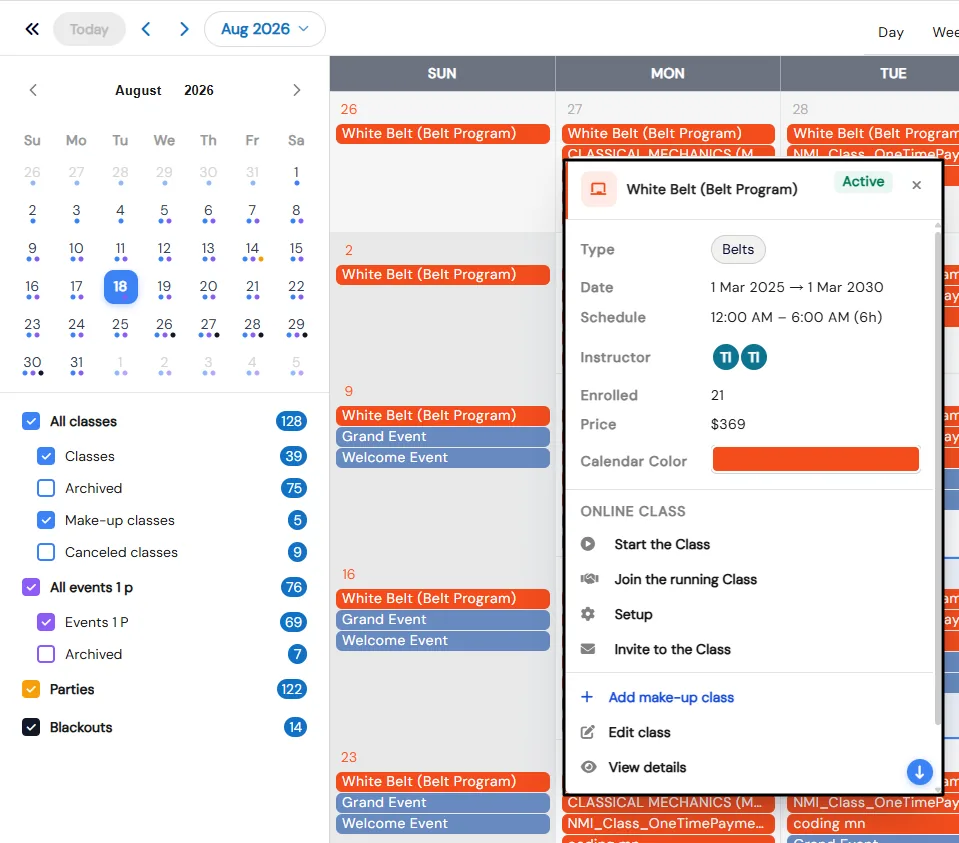 Calendar class details with an Add make-up class action, and sidebar filters for make-up and canceled classes