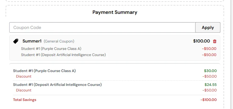 Payment summary where a $100 general coupon is split as $50 off each of two classes for the same student, with total savings