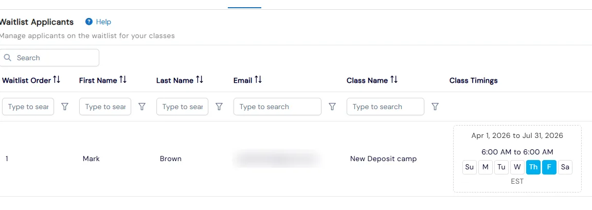 Waitlist Applicants list showing an applicant’s waitlist order, class name and class schedule