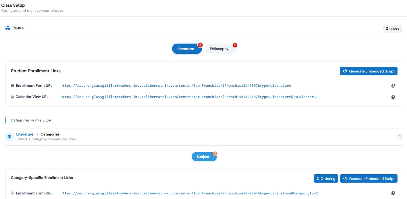Class Setup page with enrollment form and calendar view URLs and Generate Embedded Script buttons
