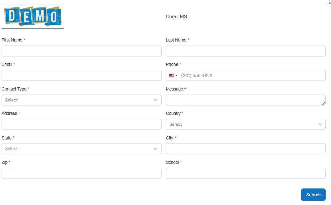 Live preview of a lead contact form with the company logo, name, email, phone, contact type, message and address fields, and a Submit button