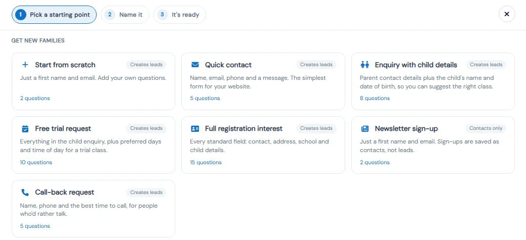 Create Form picker with ready-made lead forms: Start from scratch, Quick contact, Enquiry with child details, Free trial request, Full registration interest, Newsletter sign-up and Call-back request