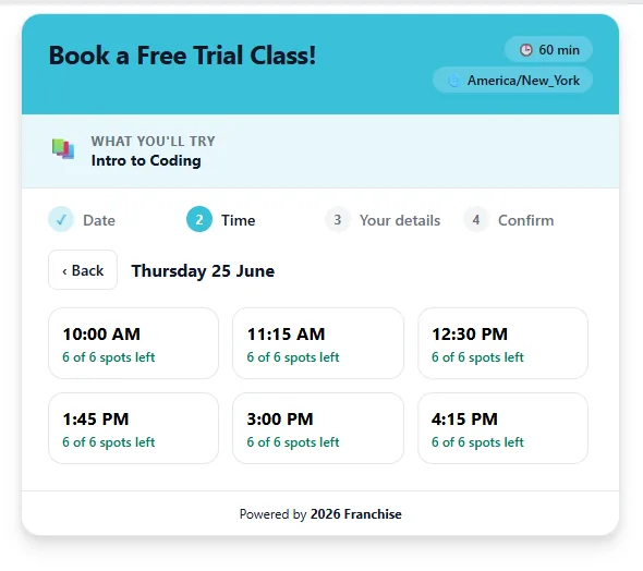 Free trial booking widget time step listing slots with the number of spots left in each
