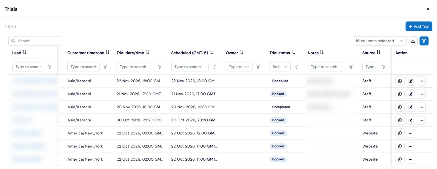 Trials list with each trial’s customer timezone, trial time, your local scheduled time, status and whether it came from the website or staff