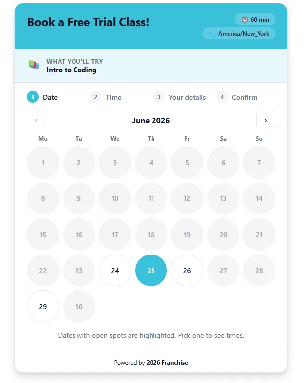 Book a Free Trial Class widget showing the trial class, duration, timezone and a calendar of dates with open spots