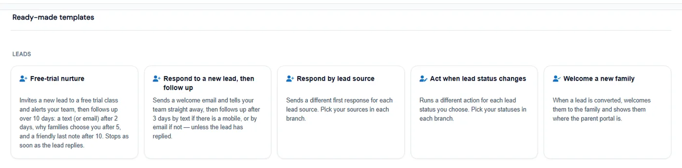 Ready-made lead automation templates: Free-trial nurture, Respond to a new lead then follow up, Respond by lead source, Act when lead status changes and Welcome a new family