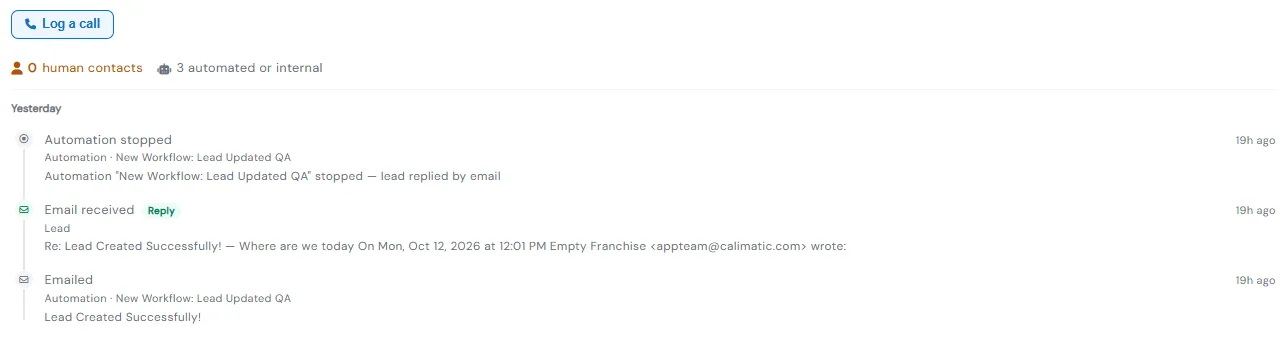 Lead Follow-Up tab showing Log a call, human and automated contact counts, and an Automation stopped entry after the lead replied by email