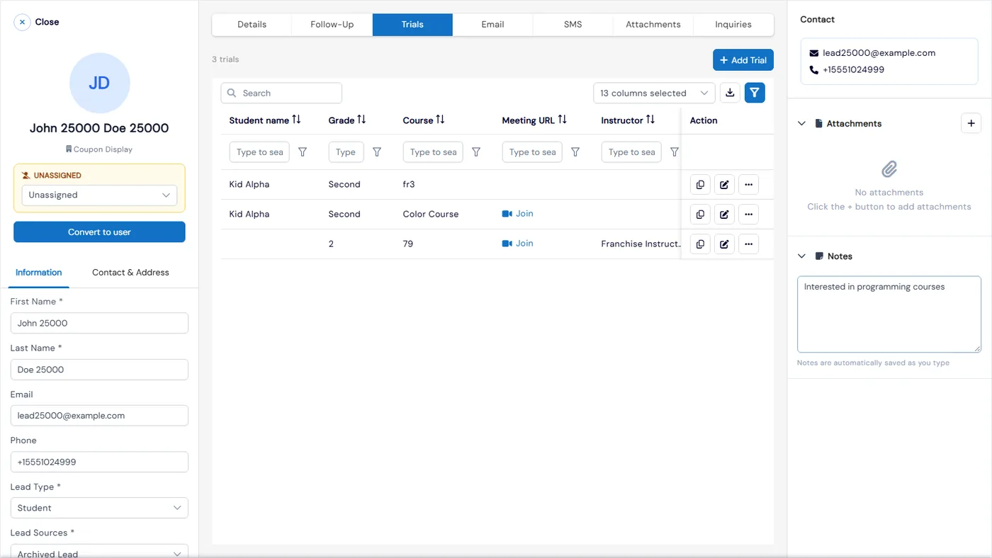 A lead record with the owner box, Convert to user, contact details and lead type, and Details, Follow-Up, Trials, Email, SMS, Attachments and Inquiries tabs, with the Trials tab open
