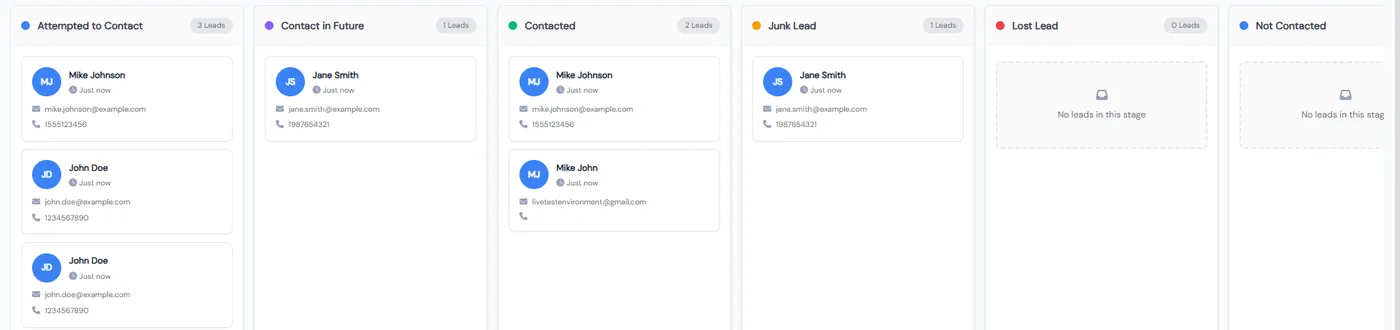 Leads board with a column for each lead status, such as Attempted to Contact, Contact in Future, Contacted, Junk Lead, Lost Lead and Not Contacted, and a card for each lead