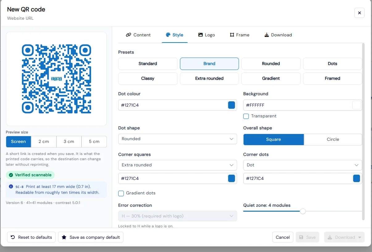 QR code designer showing a branded code with a Verified scannable badge, style presets and color settings