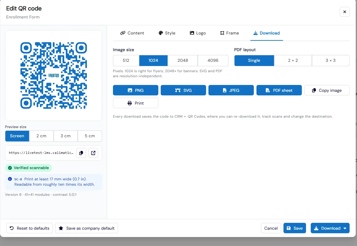 QR code download options with image sizes, PDF sheet layouts and PNG, SVG, JPEG and PDF formats