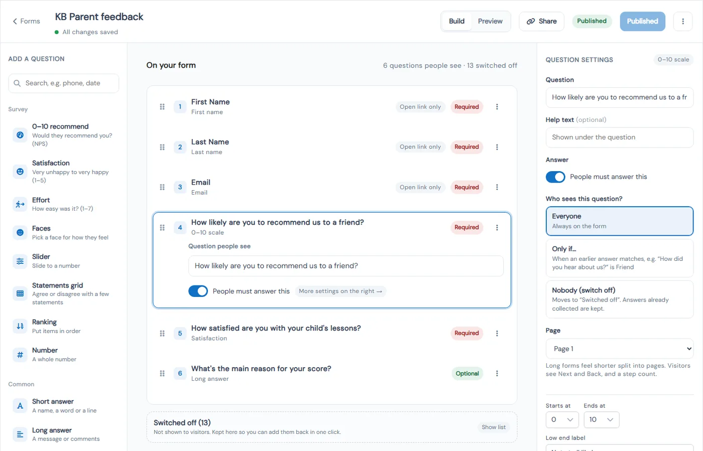 Survey builder with survey question types on the left, the parent feedback form in the middle and NPS question settings on the right