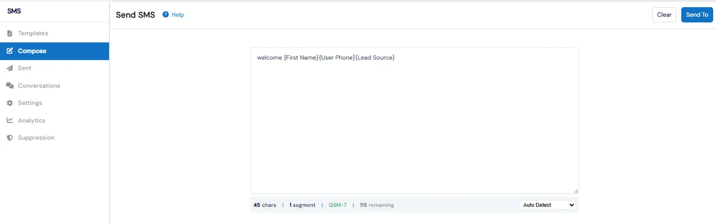 Send SMS compose screen with a template message, dynamic tags and a live character, segment and encoding counter
