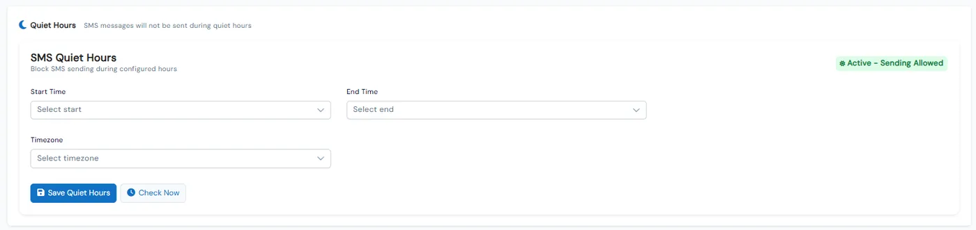 SMS quiet hours settings with start time, end time, timezone and a live sending status