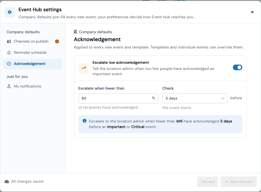 Event Hub settings to escalate to the location admin when fewer than 80% have acknowledged an important or critical event 3 days before it starts