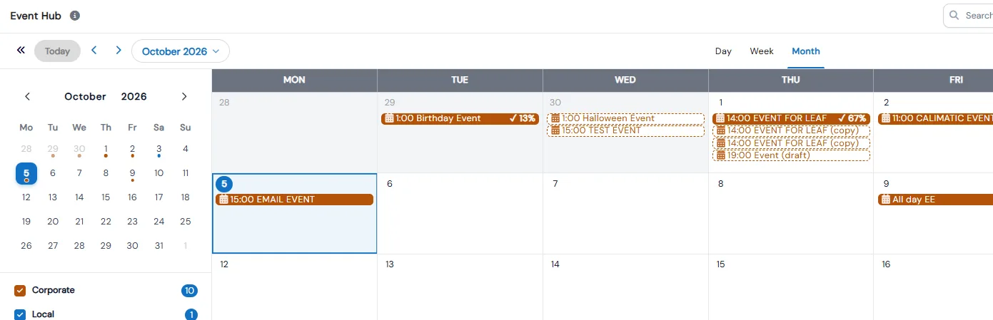 Event Hub month calendar with corporate and local events, acknowledgement percentages on event chips and Corporate and Local filters