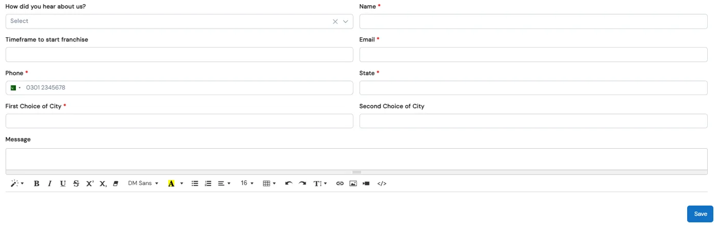 Franchise contact form with how did you hear about us, timeframe to start franchise, name, email, phone, state, first and second choice of city and message