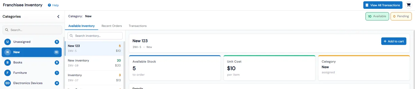 Franchisee Inventory page where a franchise browses categories and items, sees available stock and unit cost, and clicks Add to cart