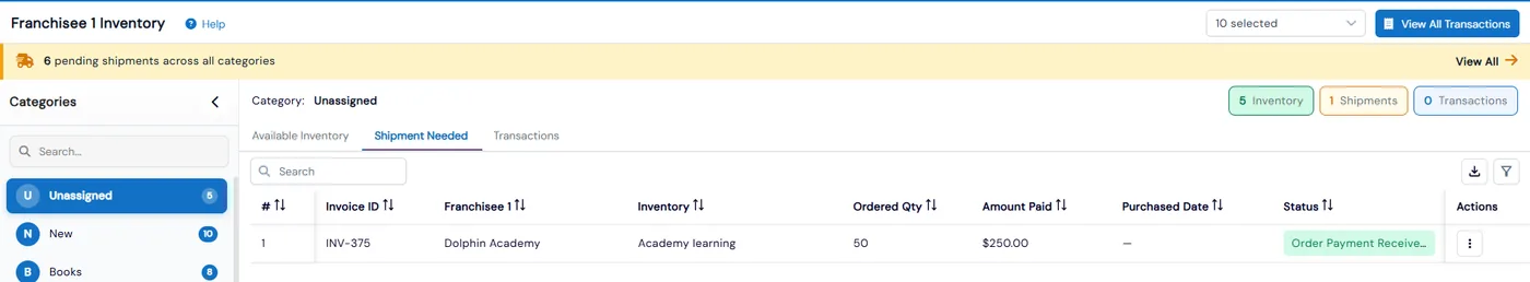 Shipment Needed tab listing a franchise order with invoice ID, franchise, item, ordered quantity, amount paid, status and an actions menu