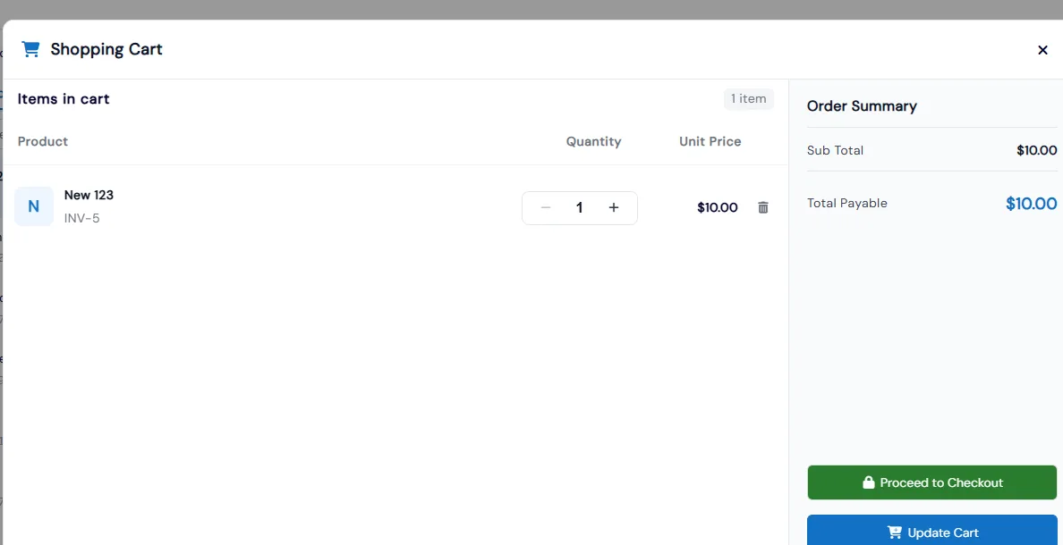 Franchise shopping cart with item quantity, unit price, order summary and Proceed to Checkout