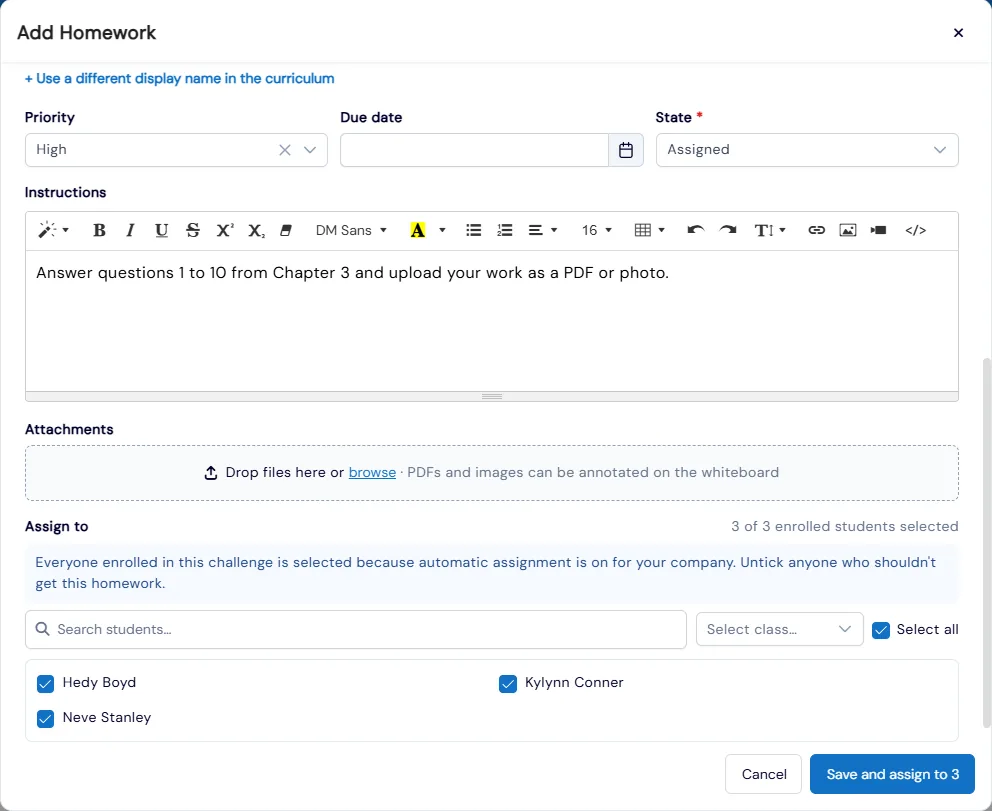 Add Homework form with priority, due date, state, instructions, file attachments and a list of enrolled students ticked to assign
