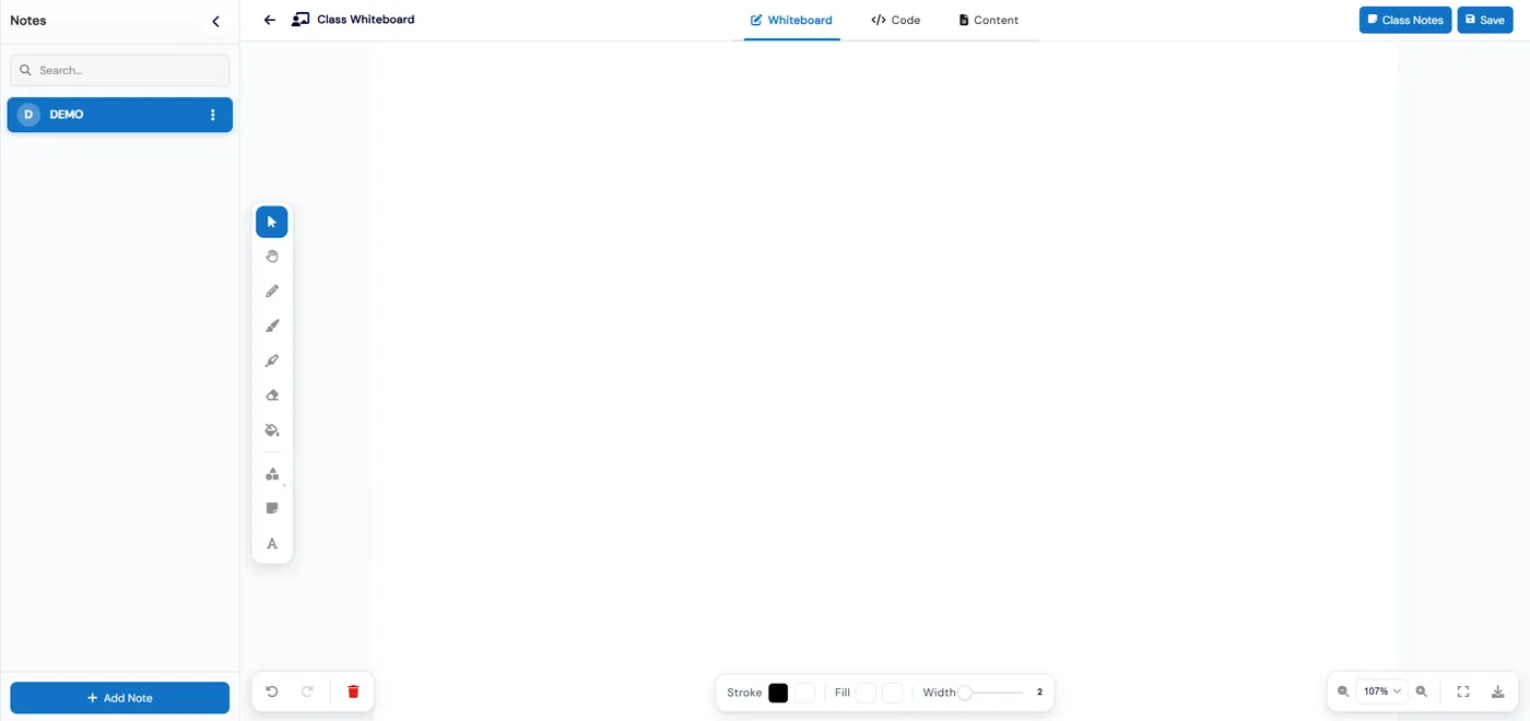 Class Whiteboard with Whiteboard, Code and Content tabs, a drawing toolbar, a Notes panel and Class Notes and Save buttons